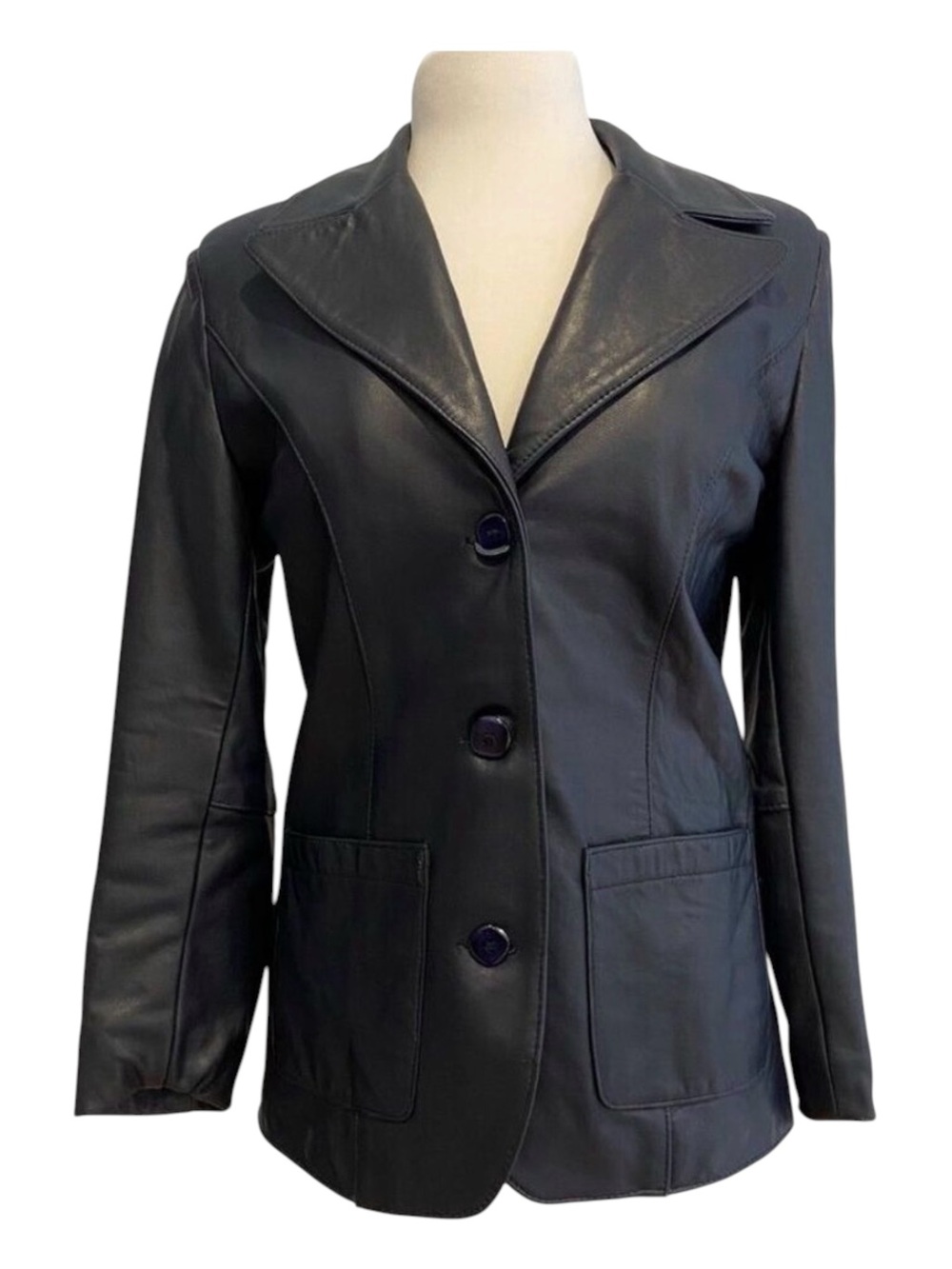 Vintage Dark blue Leather Womens Blazer Americano Jacket Medium Notch Lapel …